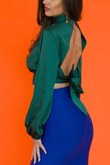 Open Back Green Satin Blouse