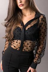 Close up Black Tulle Polka Dot Button Shirt