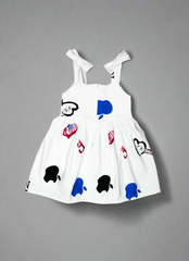 back view kids white cotton dress with appliques and bow straps