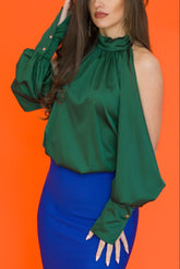 close up draped green blouse