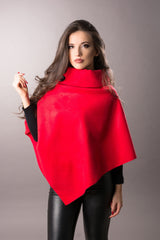 woman wearing triangle red poncho with wide collar