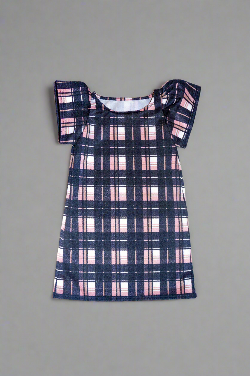 A-line girls plaid dress in black and pink