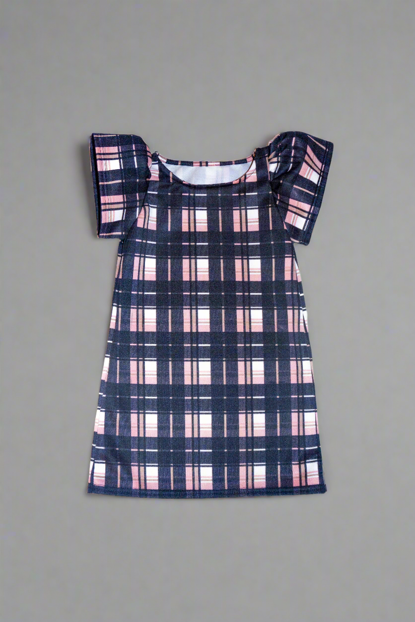 Kids dress black and pink plaid fabric