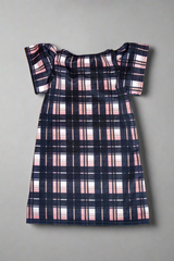 Back view kids black and pink check dress short puff sleeves