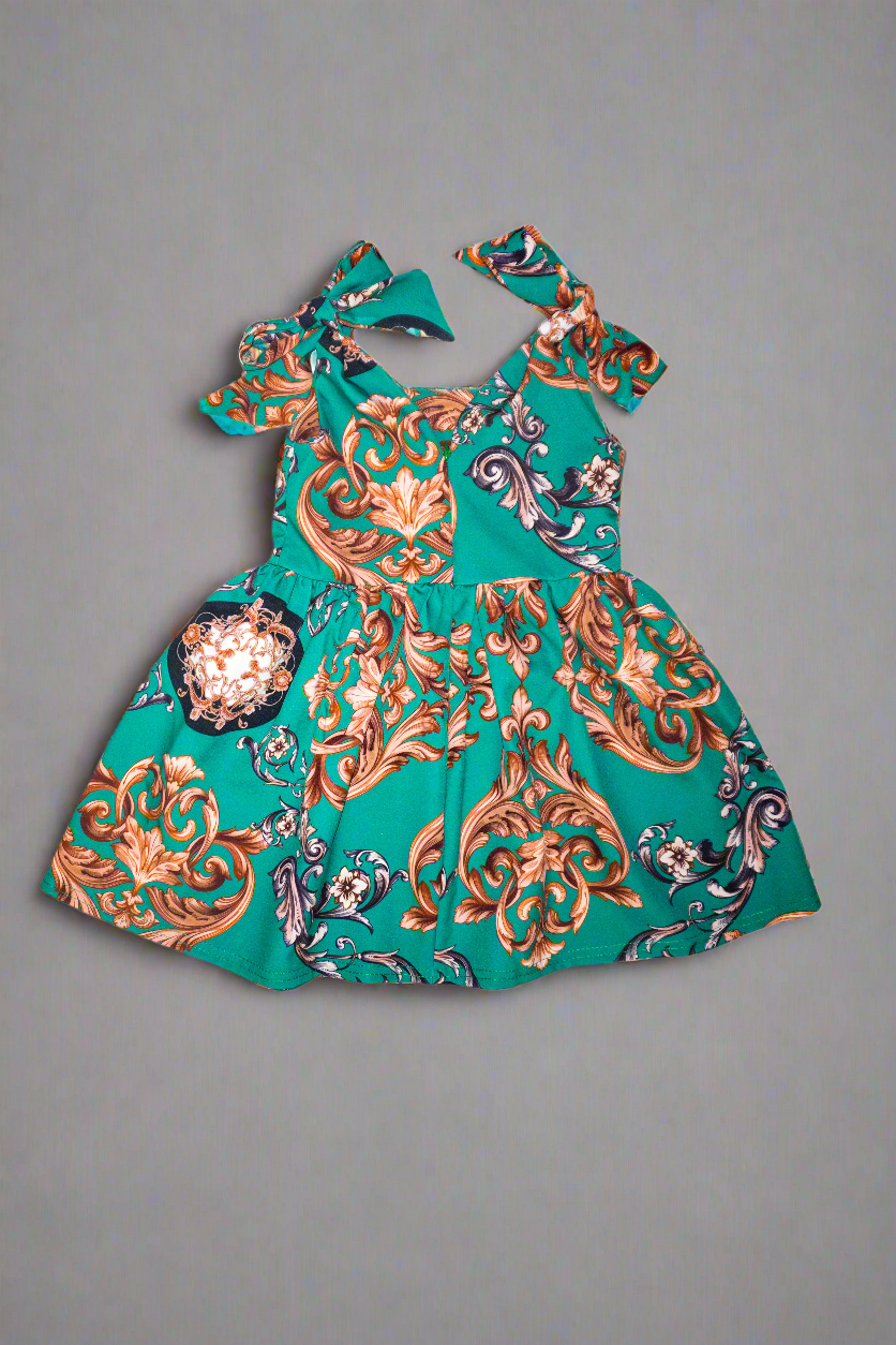 back view kids green gathered dress with tie straps