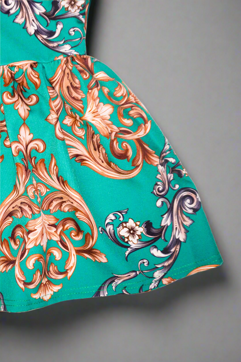 close up view  kids green gathered dress