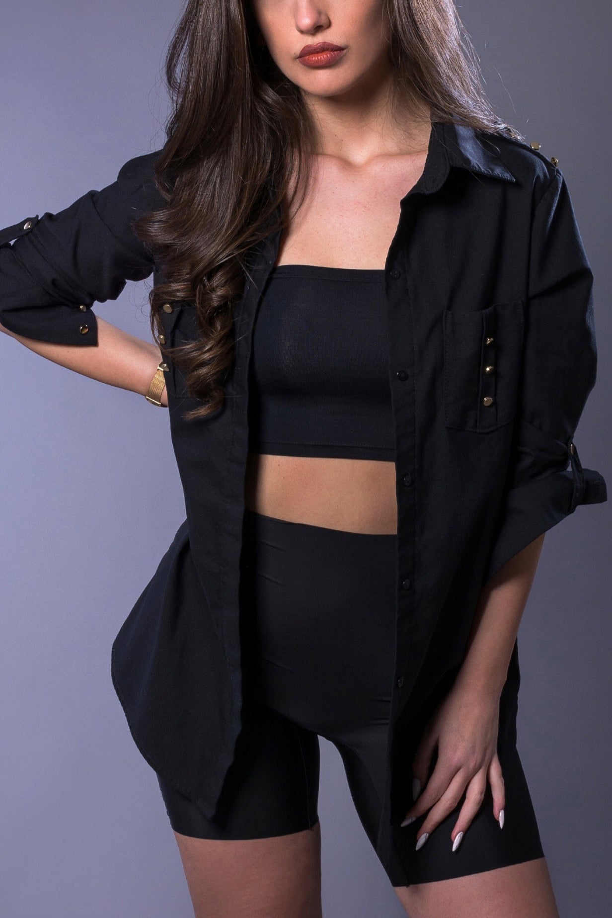 Close up Black Long Epaulette Shirt