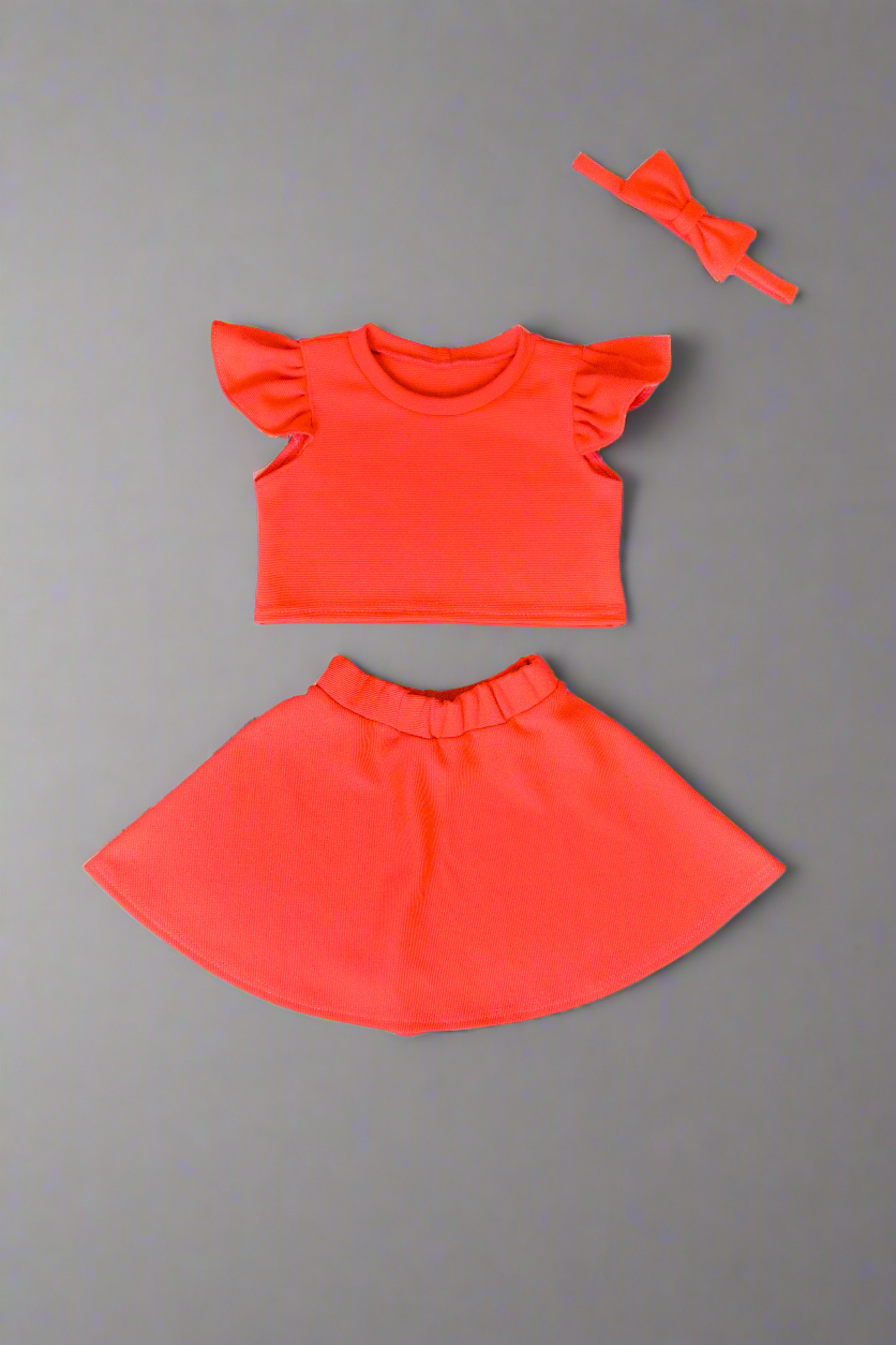 girls set round neck top with puff sleeves and circle skirt with elastic