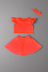 girls set round neck top with puff sleeves and circle skirt with elastic