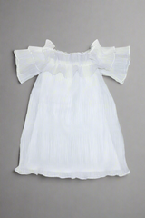 girls a-line white pleated dress with off the shoulder short sleeves