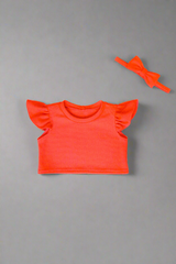 orange girls top with round neck and puff sleeves