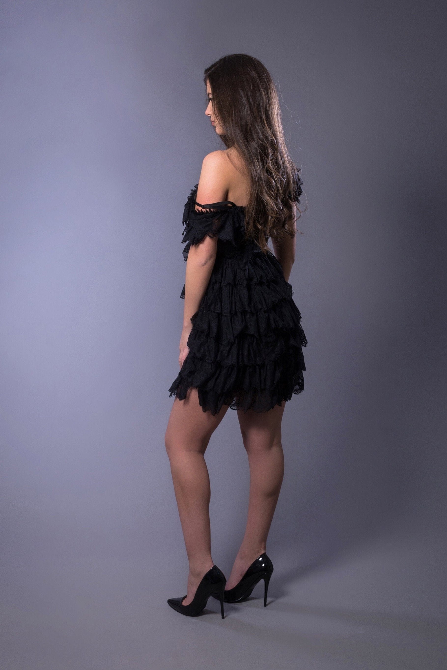 Back view lace off the shoulder dress