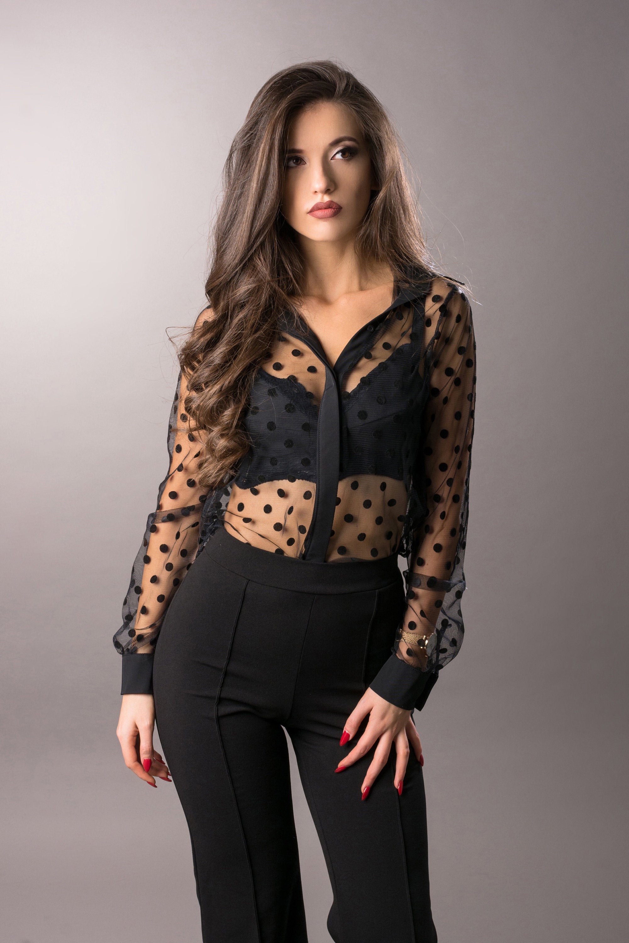 Long sleeves black tulle polka dot shirt