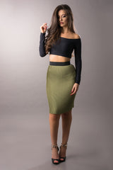 high waisted olive green skirt with elastic waistband