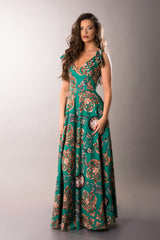 maxi green dress with V-neckline and tie straps