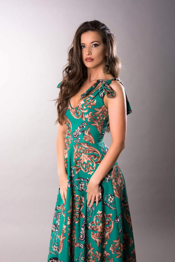 Long Green Flared Tie Bow Dress  Martina Design