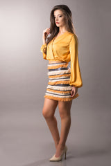 high waist orange s-line skirt with fringes and sequins