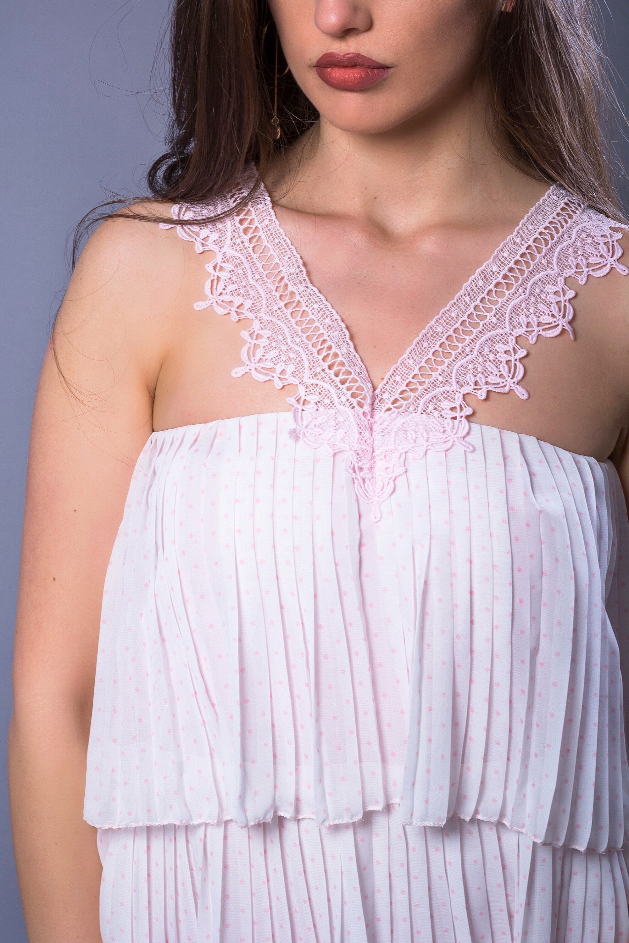 close up lace v neckline polka dot layered dress