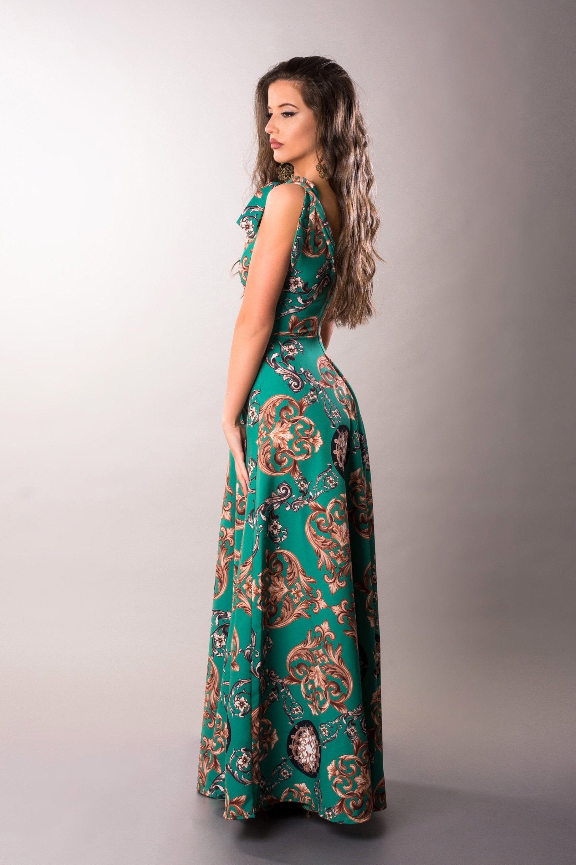 Long Green Flared Tie Bow Dress – Martina Design