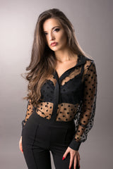 black polka dot shirt with buttons
