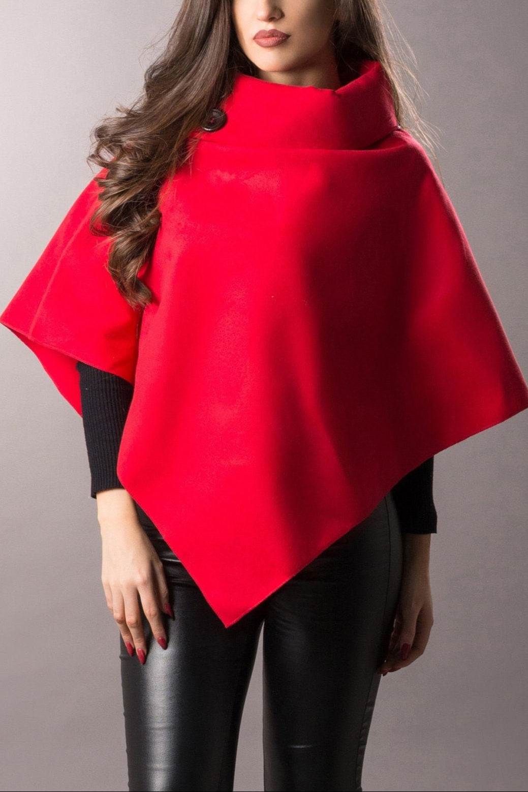 winter soft triangle red poncho with wide collar