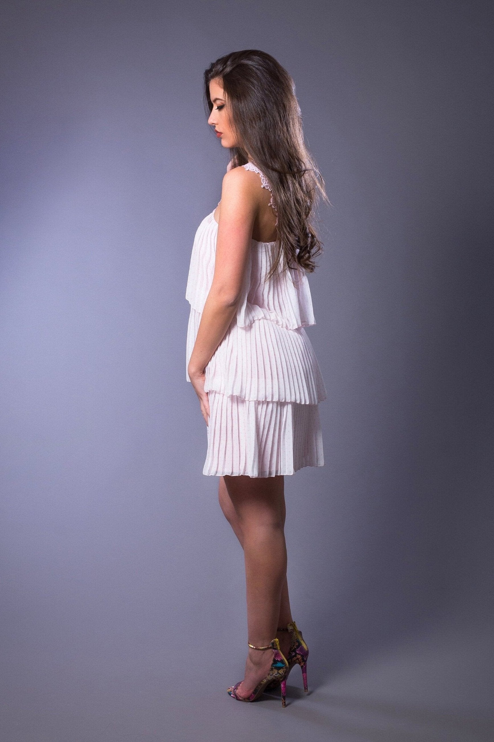 back view pink layered polka dot dress 