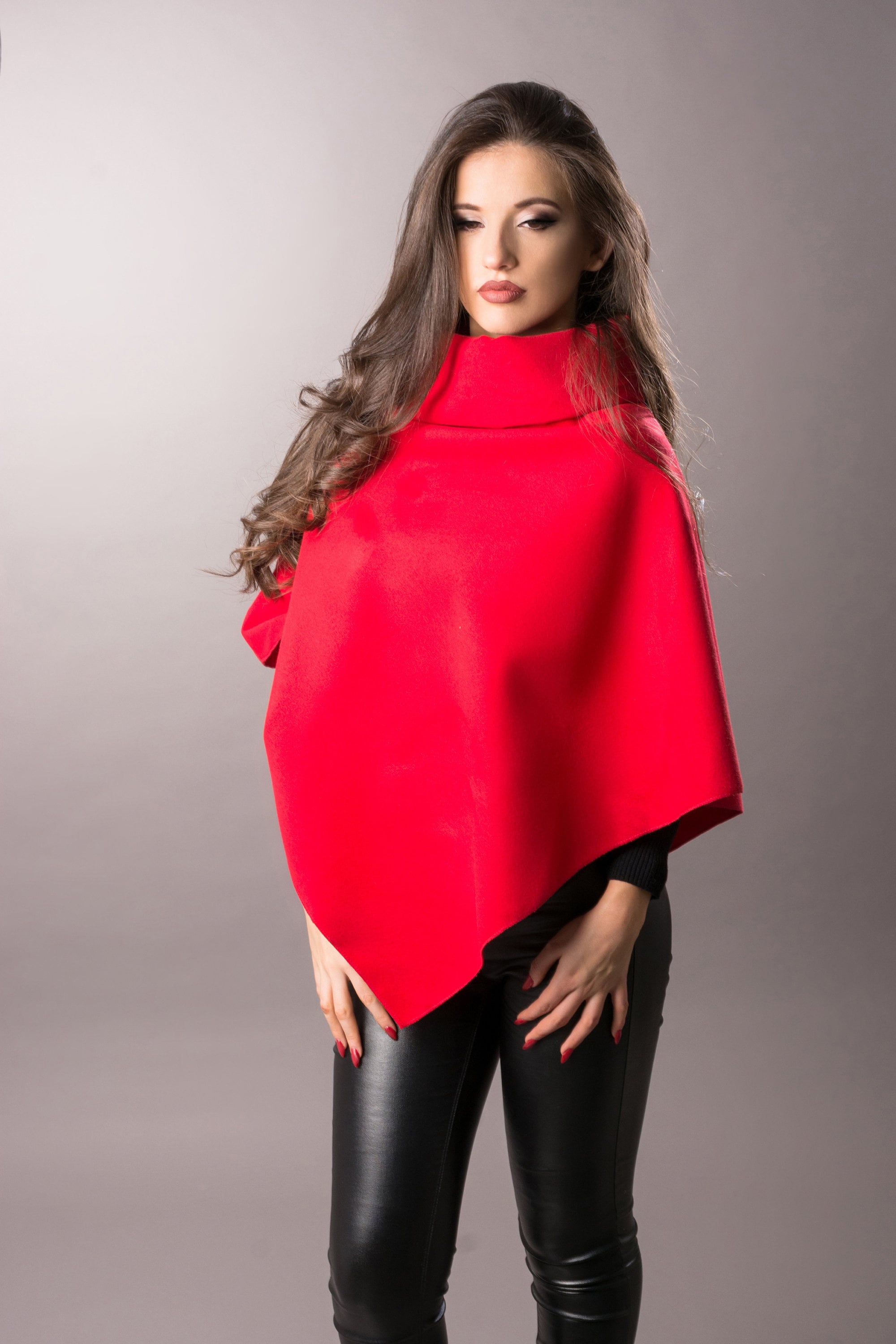 red poncho dress Richa Sharma in Red Poncho sleeve patchworked Gown with Belt XL / Red